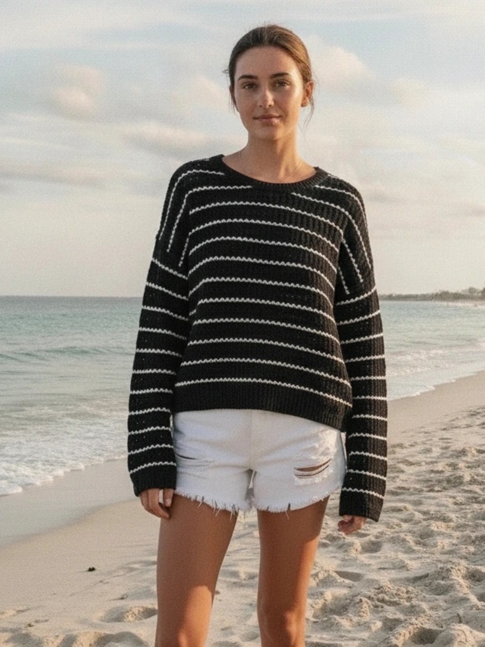 Bella Dahl Women’s Open Knit Sweater in Black & White Stripe, Size Medium
